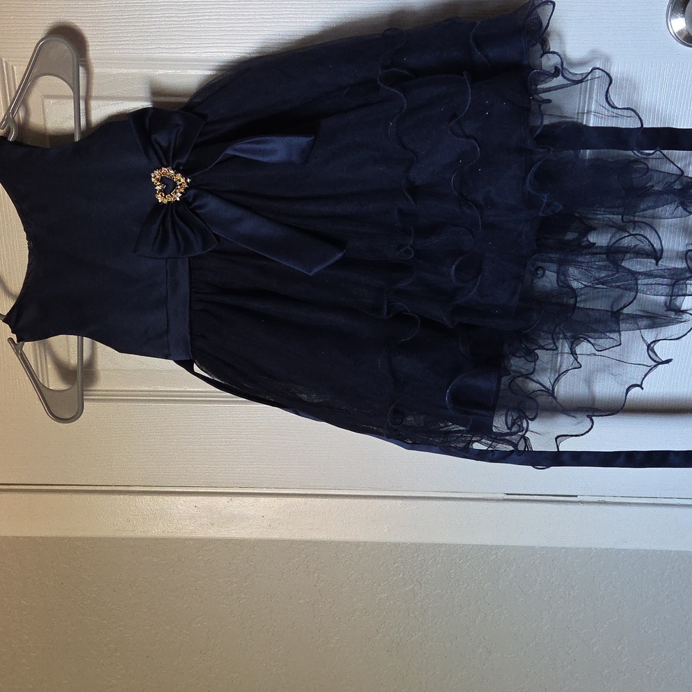 Rare Editions Navy Blue Formal Kids Dress with Heart Bow